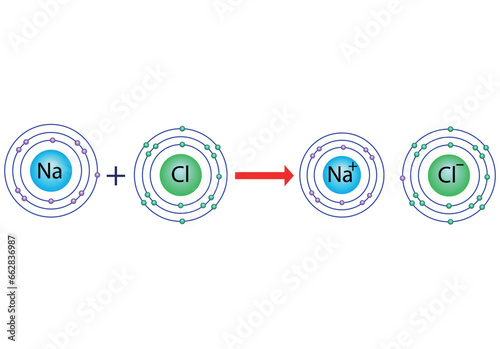 Sodium chloride formation illustration. Reaction of sodium with chlorine. Vector image.