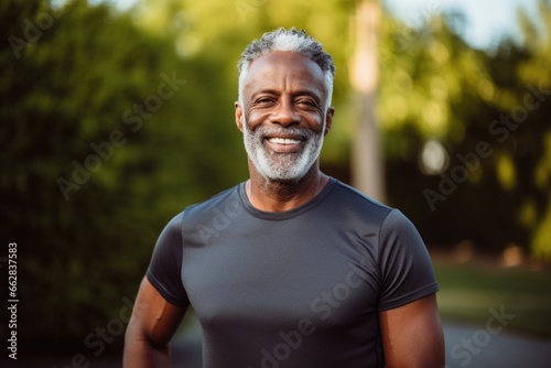 A black elderly man smiles after jogging.