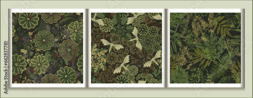 Seamless khaki green camouflage patterns with nature elements. Floral motifs with leaves  flowers  butterfly  abstract shapes. For apparel  fabric  textile  sport good design.