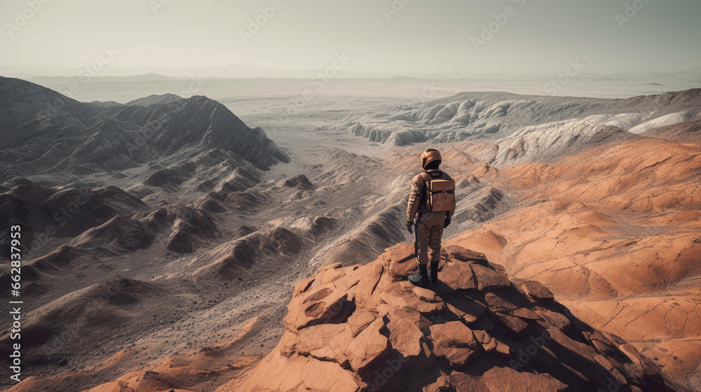 An astronaut against the background of a realistic landscape of Mars in orange tones. AI Generated An astronaut against the background of a realistic landscape of Mars in orange tones. AI Generated