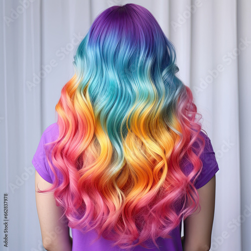woman with long magnificent rainbow hair