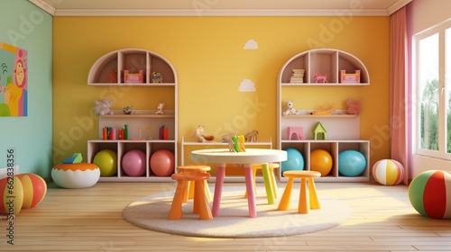 Nursery room for preschool children with colorful interior in kindergarten or nursery daycare with toys and nobody in for educational and recreational purposes