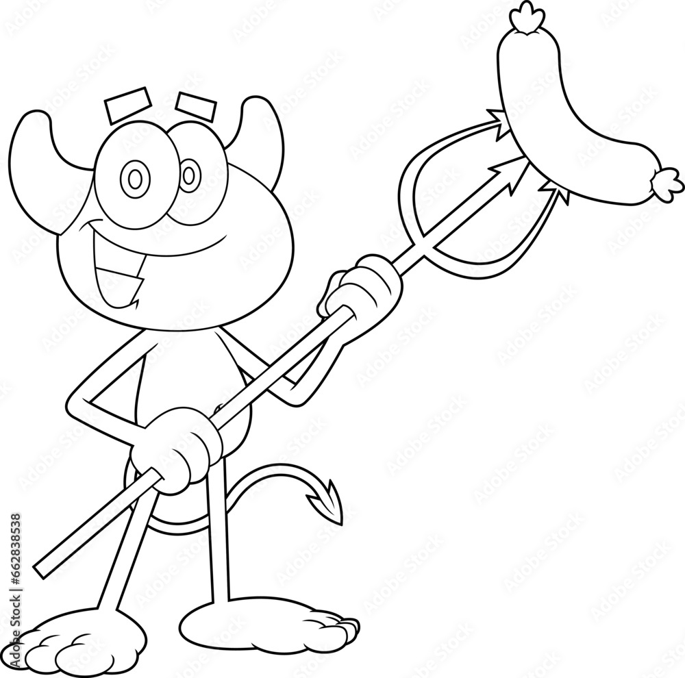 Outlined Cute Little Devil Cartoon Character With Grilled Sausages In Pitchfork. Vector Hand Drawn Illustration Isolated On Transparent Background
