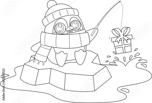 Outlined Cute Christmas Penguin Cartoon Character Fishing Gift On The Ice. Vector Hand Drawn Illustration Isolated On Transparent Background