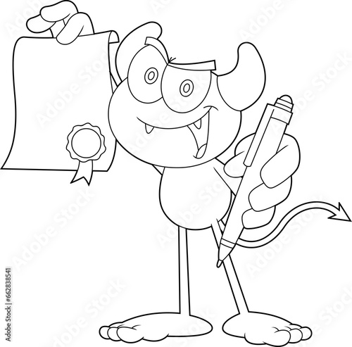 Outlined Cute Little Devil Cartoon Character Holds Up A Contract. Vector Hand Drawn Illustration Isolated On Transparent Background