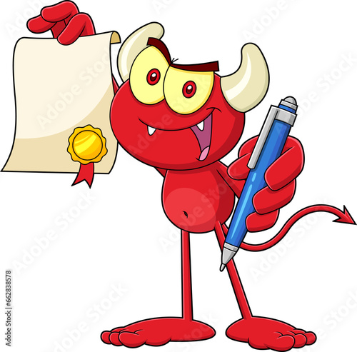 Cute Little Red Devil Cartoon Character Holds Up A Contract. Vector Hand Drawn Illustration Isolated On Transparent Background
