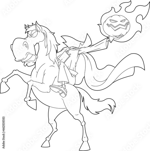 Outlined Headless Horseman Cartoon Character With Jack's Lantern Pumpkin Head. Vector Hand Drawn Illustration Isolated On Transparent Background