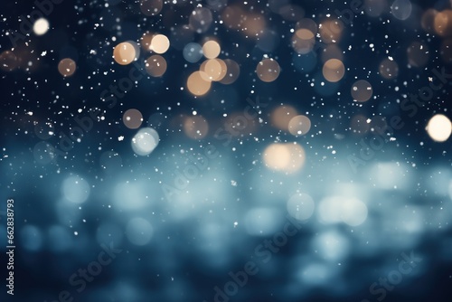 Moody christmas snow and light bokeh backgroud. Generative AI. photo