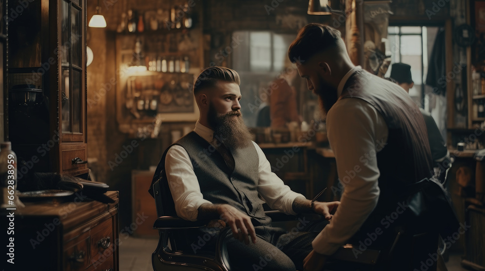 A stylish model with a beard, sitting in the barbershop chair