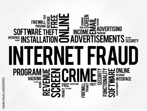 Internet Fraud is a type of cybercrime fraud or deception which makes use of the Internet, word cloud concept background