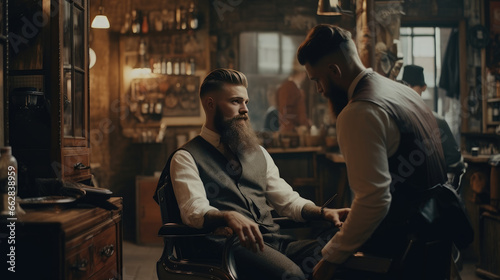 A stylish model with a beard, sitting in the barbershop chair