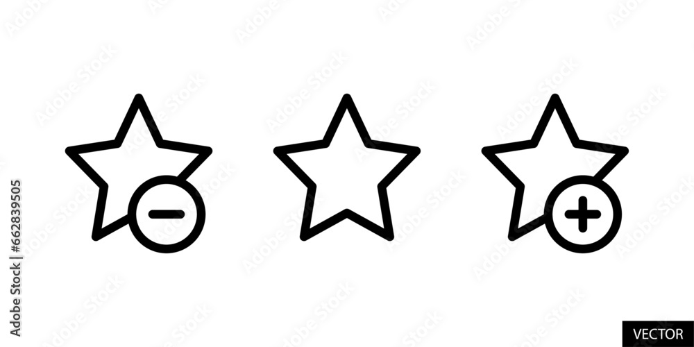 Star shape, add to favorites, remove from favorites, bookmark page button vector icons in line style design for website, app, UI, isolated on white background. Editable stroke. Vector illustration. - obrazy, fototapety, plakaty 
