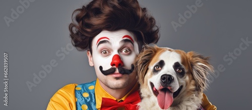 Clown and dog both in clown outfits With copyspace for text