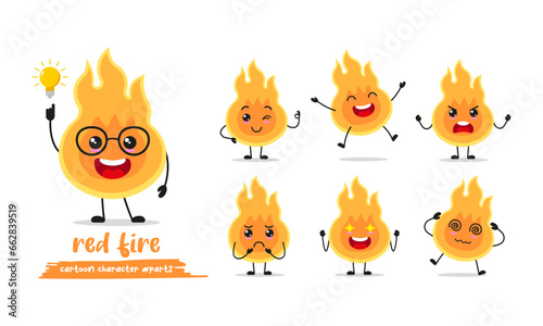 cute fire cartoon with many expressions. teeth different activity pose vector illustration flat design set.	
