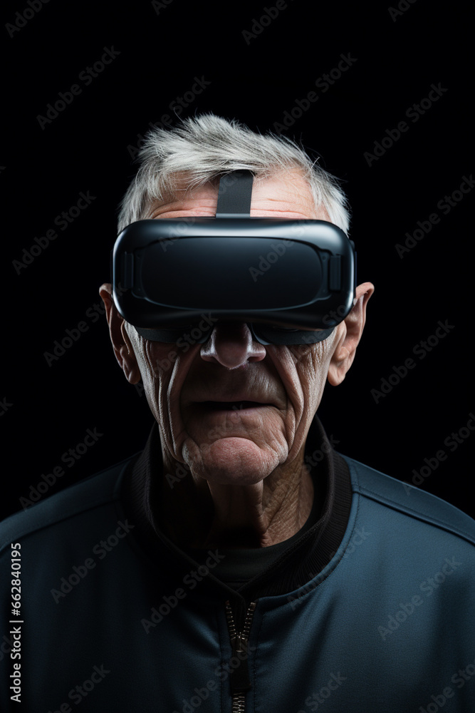 the face of a grandfather with a virtual reality headset, amazement, on a simple and discreet, minimalist background the face of a grandfather with a virtual reality headset, amazement, on a simple and discreet, minimalist background