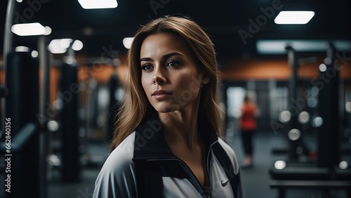 Portrait of beautiful muscular girl standing in the background of sport gym.