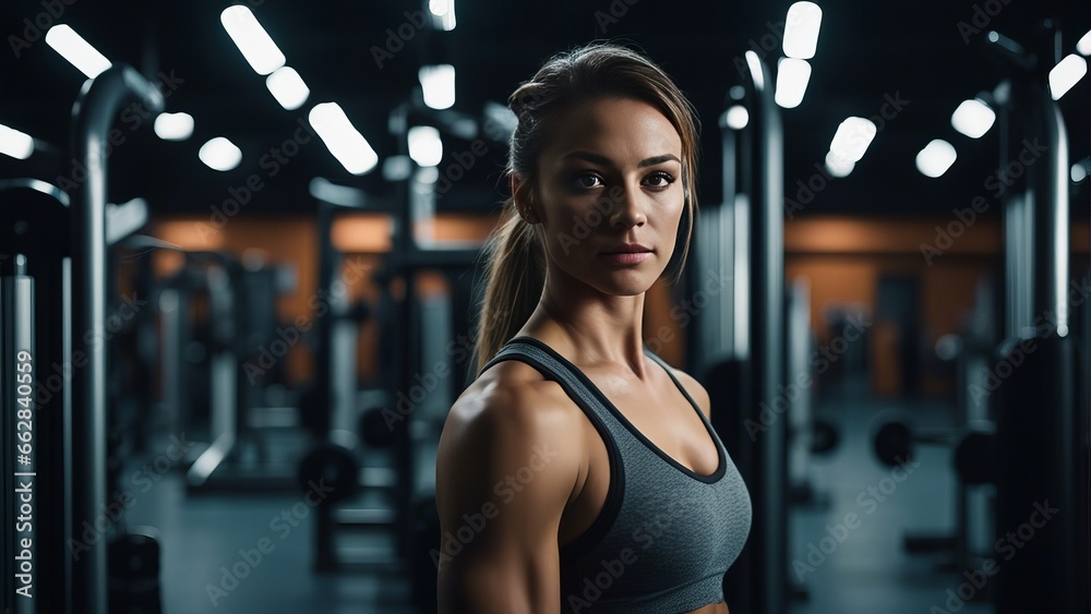 Portrait of beautiful muscular girl standing in the background of sport gym.