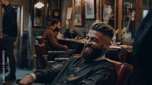 A stylish model with a beard  sitting in the barbershop chair