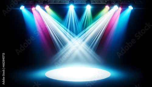 Stage Podium Scene with blue spotlights. Mockup. Generative AI