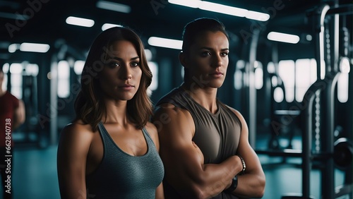 Portrait of couple standing in the background of sport gym