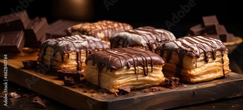 close up homemade croissant with chocolate sauce, croissant doughnut look yummy with nuts and cocoa , Generative Ai