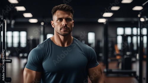 Portrait of handsome muscular man standing in the background of sport gym