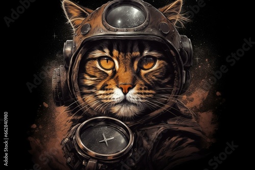 Intense feline rider. Furry companion wearing gear, zooming on motorbike. Unique artwork. Generative AI