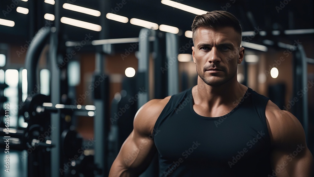 Portrait of handsome muscular man standing in the background of sport gym Portrait of handsome muscular man standing in the background of sport gym