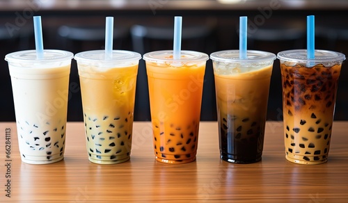 close up bubble milk tea and coffee on table in a row, Generative Ai