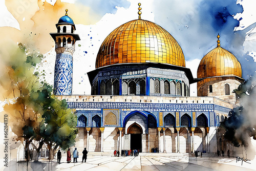 dome of the rock Jerusalem Israel old city omar mosque al aqsa al quds historical illustration background for cards websites books traveling vacations culture jews arabs Christians photo