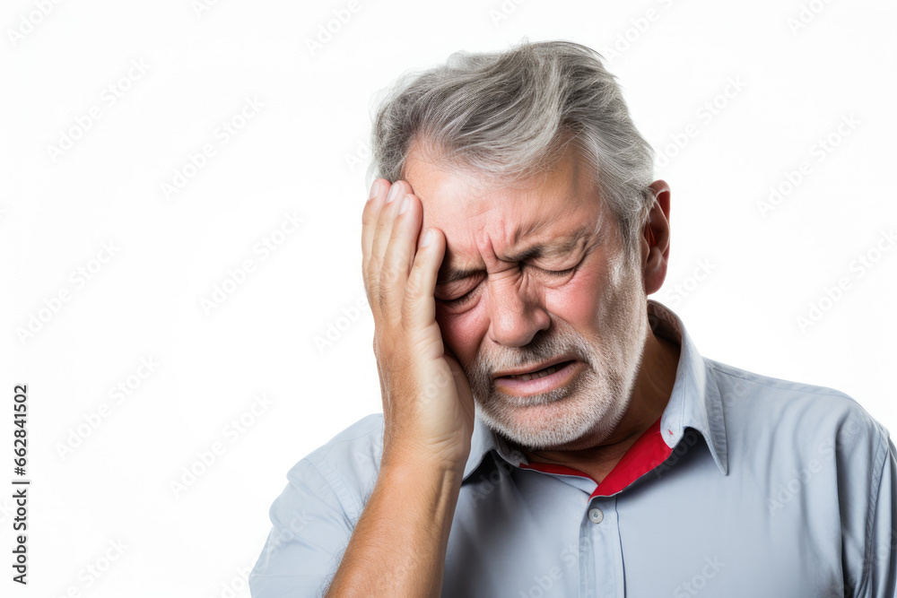 Older man feling stressed out with a migraine headache isolated on a white background Older man feling stressed out with a migraine headache isolated on a white background