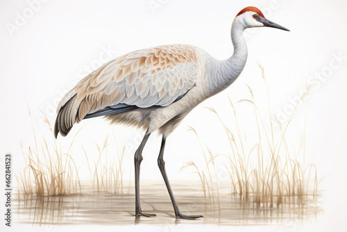 Full body of a sandhill crane isolated on a white background