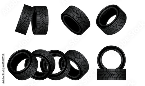 Realistic tire fitting vector design. Black rubber wheels tyres for car service station.