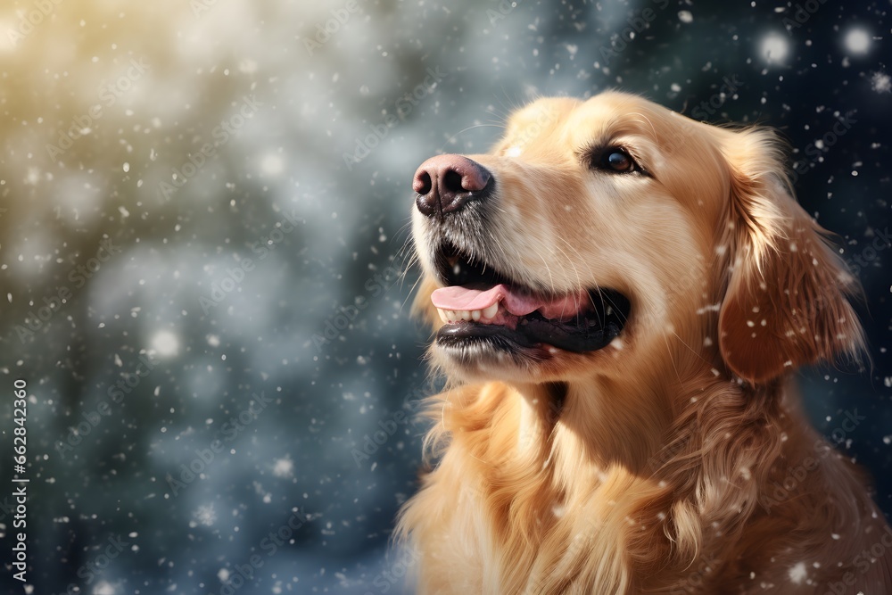A golden retriever catches snowflakes with his nose. Forest with snowfall in the background. Photo of a happy pet in a winter environment