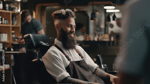 A stylish model with a beard, sitting in the barbershop chair