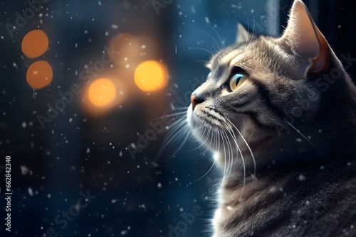 A tabby cat watches a winter snowfall through the window. Holiday photo of the pet