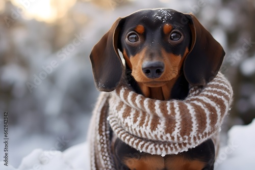 A dachshund wrapped in a warm winter scarf against the background of a snowy forest. Photo of a pet in a winter environment © dreamdes