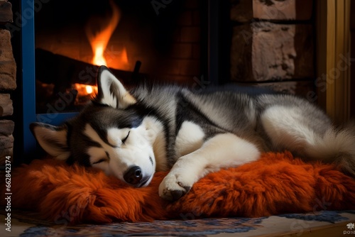 Husky snoozing on a warm rug in front of a fireplace. Photo of a pet in a cozy environment
