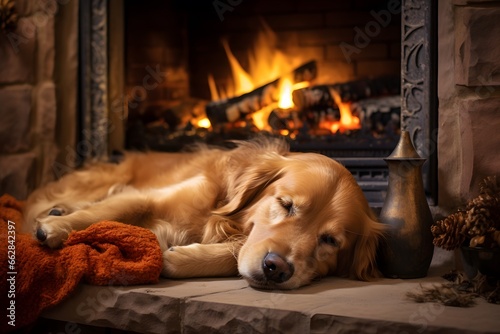 A golden retriever lounging on plaid near a hot fireplace in a cozy setting. Warm Christmas photo photo