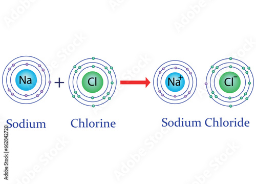 Sodium chloride formation illustration. Reaction of sodium with chlorine. Vector image. 