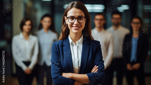 Portrait of smiling businesswoman in eyeglasses standing in office. Ai render.