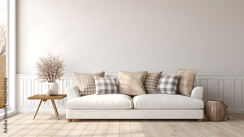 White cozy sofa with pillows and plaid. Scandinavian home interior design of modern living room White cozy sofa with pillows and plaid. Scandinavian home interior design of modern living room