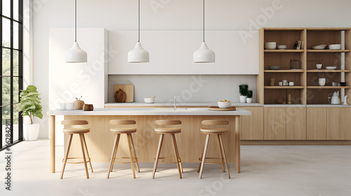Modern scandinavian, minimalist interior design of kitchen with island, dining table and wooden stool