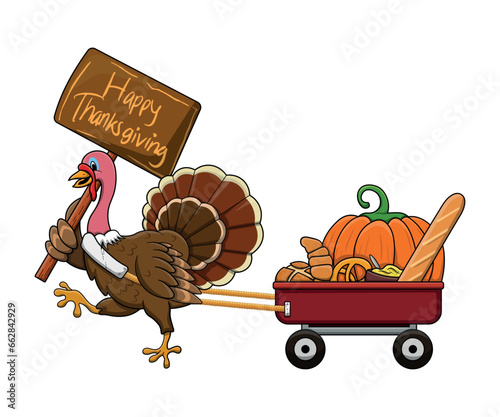 Happy thanksgiving turkey day. vector illustration of turkey pulling food basket
