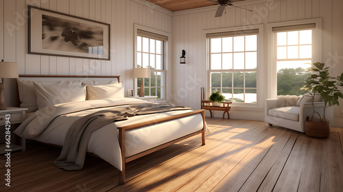 Farmhouse interior design of modern bedroom with hardwood floor