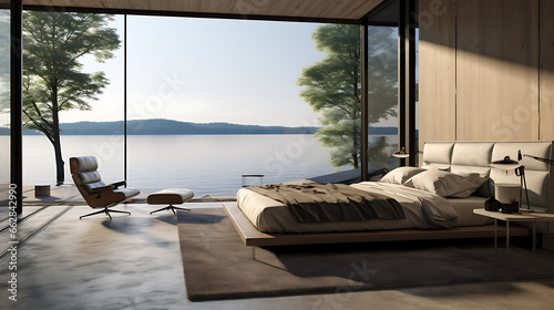 Minimalist interior design of modern bedroom with big panoramic floor to ceiling windows with beautiful lake view © Alin