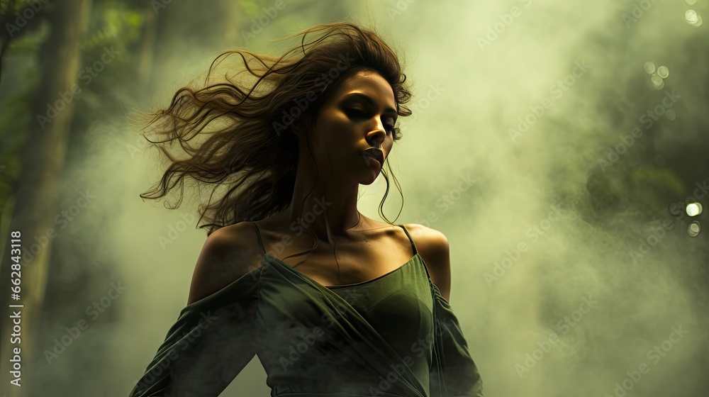 Graceful model amidst swirling green smoke, set against a lush backdrop of ferns and ivy