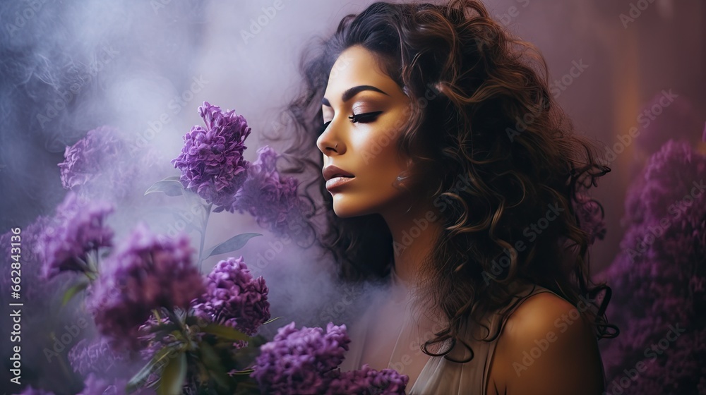 Majestic model with purple smoke rising, set against a backdrop of fresh lilacs