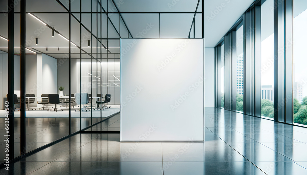 Modern office interior with blank poster on wall. Mock up. Generative AI - obrazy, fototapety, plakaty 