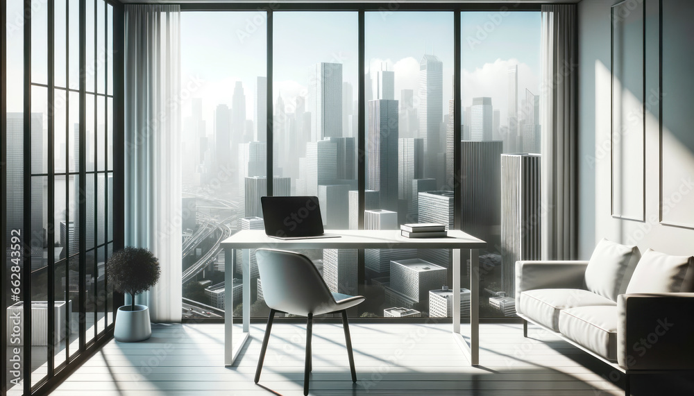 Fototapeta premium Modern office interior with panoramic window and city view. Workplace and lifestyle concept. Generative AI